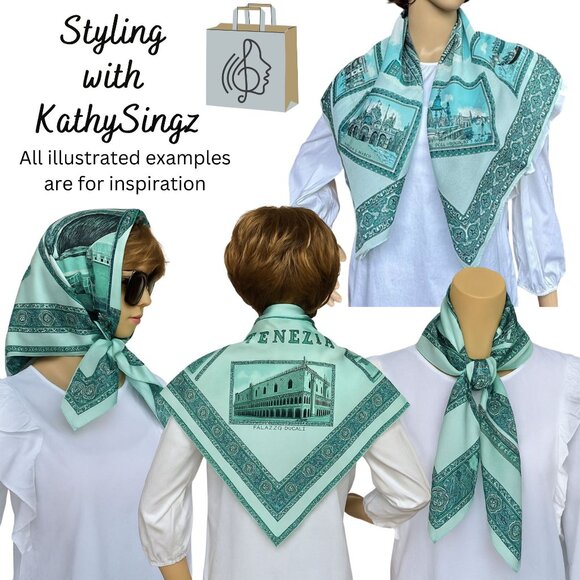 Vintage Italian Venezia Scarf 30 Inch Square Turquoise White Academia Style - Picture 12 of 12